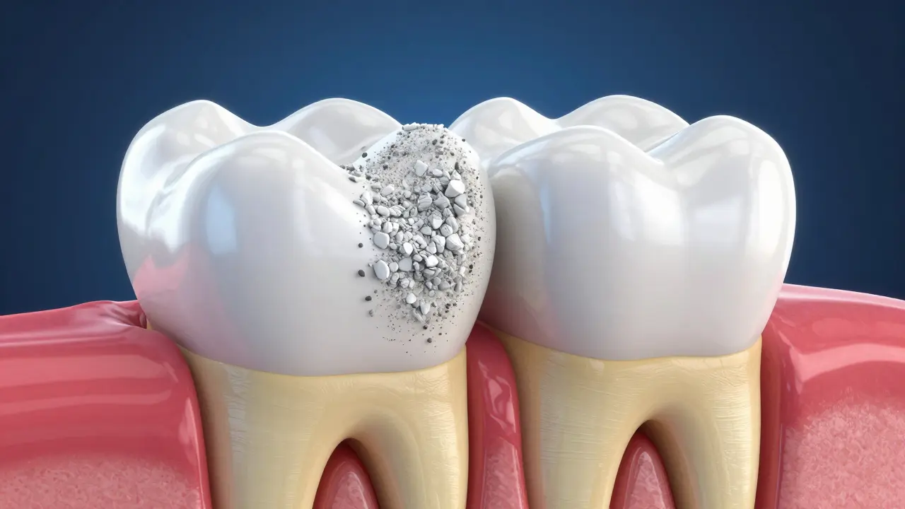 Kresba zubu ukazující opotřebení skloviny a odhalení žlutého dentinu.