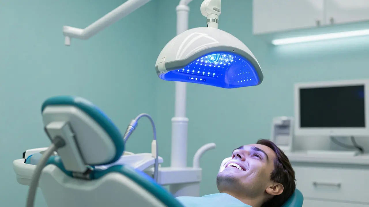 Moderní zubní ordinace s modrým světlem pro profesionální bělení zubů.