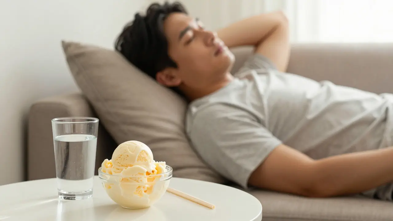 Odpočívající člověk s miskou zmrzliny jako bezpečnou potravou po zákroku.