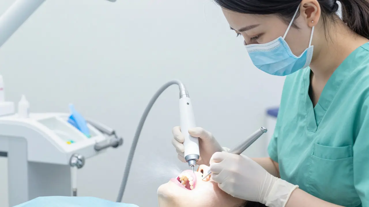 Profesionální čištění zubů metodou Airflow v moderní ordinaci.