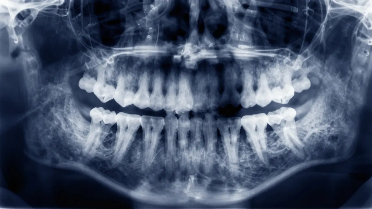 Rentgenový snímek zubů znázornující skrytý kaz v mezeře mezi moláry.