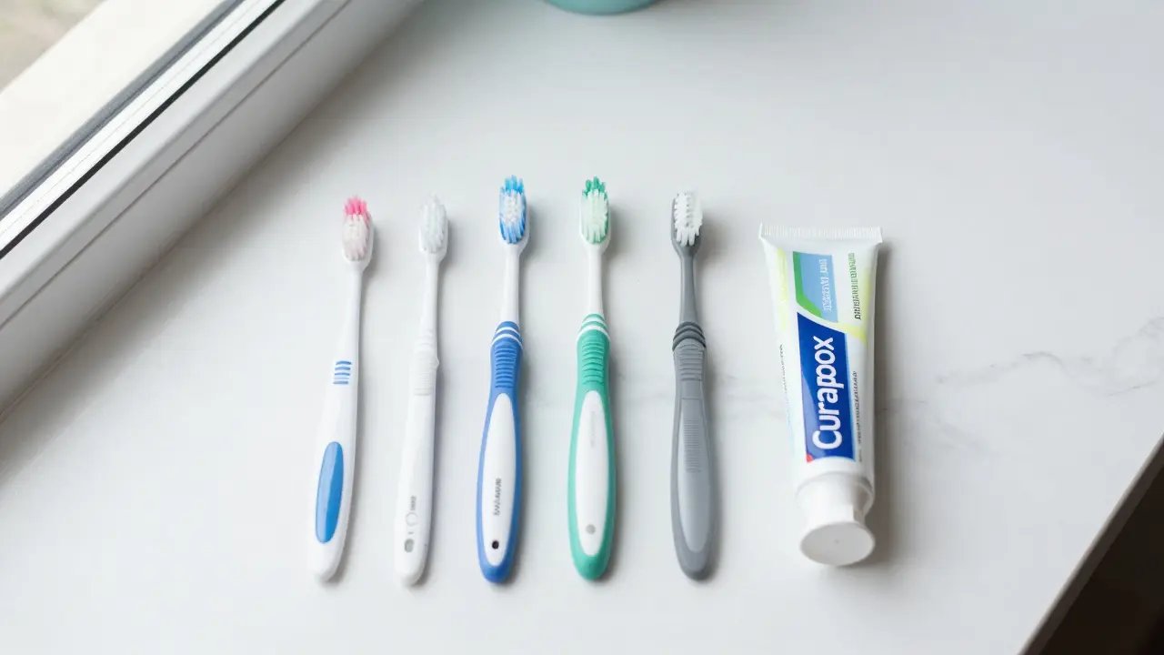 Sada pomůcek Curaprox včetně mezizubních kartáčků na mramorové podložce.