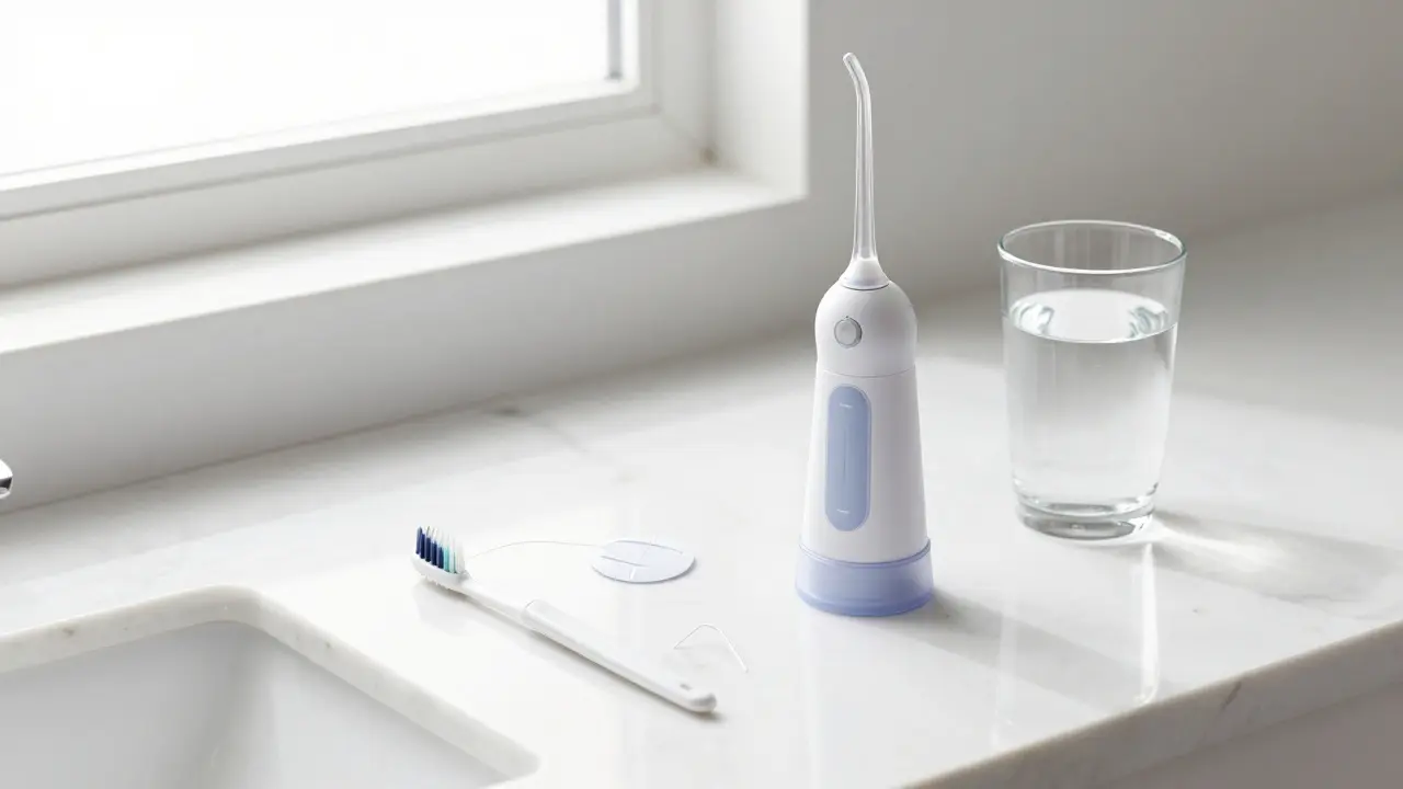 Sada pomůcek pro hygienu zubů s rovnátky, včetně mezizubního kartáčku a ústní sprchy.