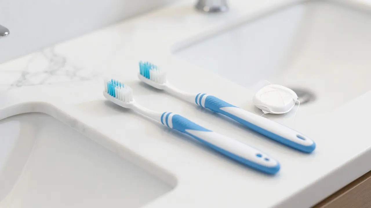 Sada pro dentální hygienu s kartáčkem a nití na bílém mramoru.