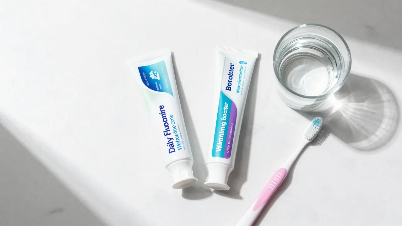 Sada zubních past pro kombinovanou péči o zuby na mramorovém povrchu.