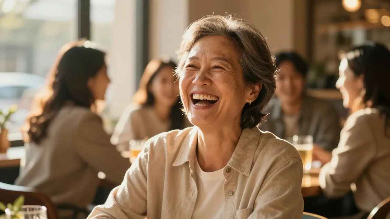 Sebevědomý člověk se zdravým a přirozeně vypadajícím úsměvem při smíchu.