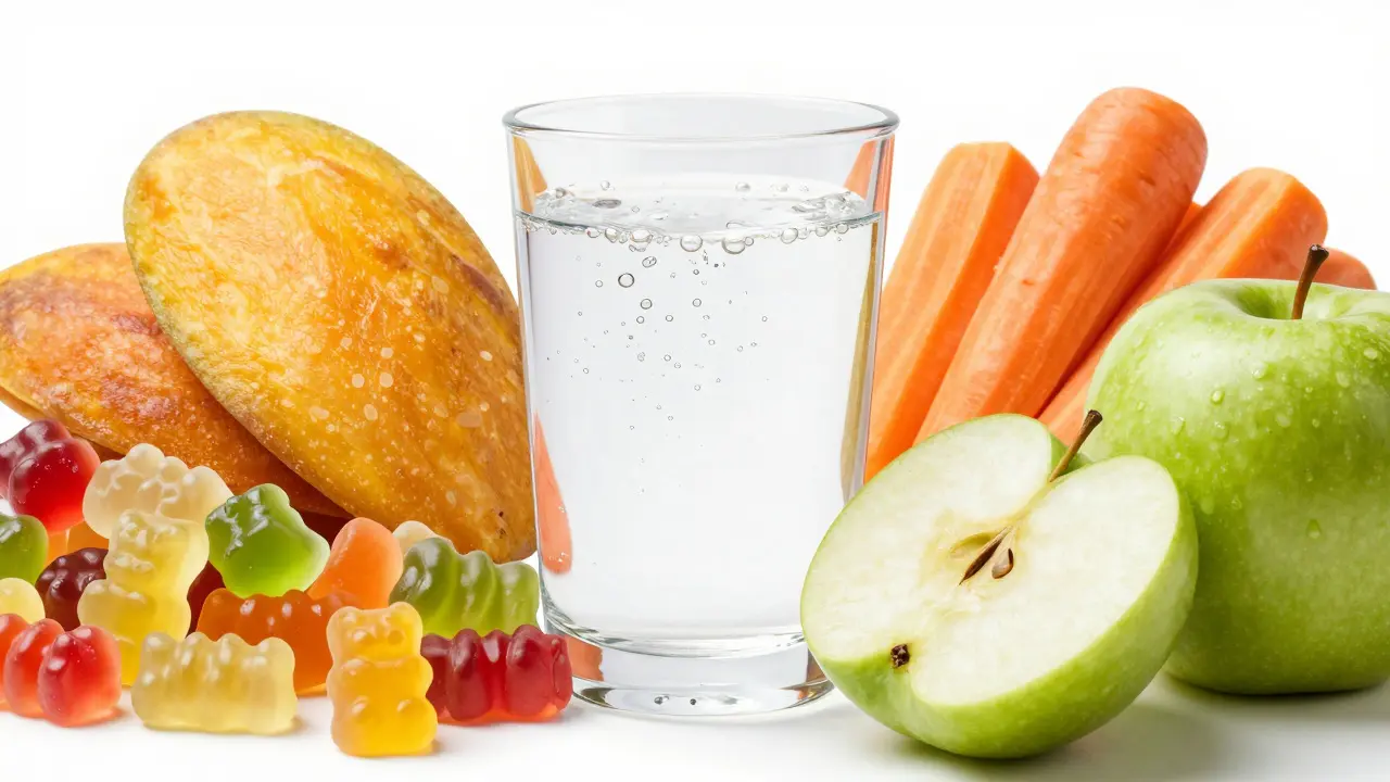 Srovnání lepkavých sladkostí a zdravé tvrdé zeleniny a ovoce s vodou.
