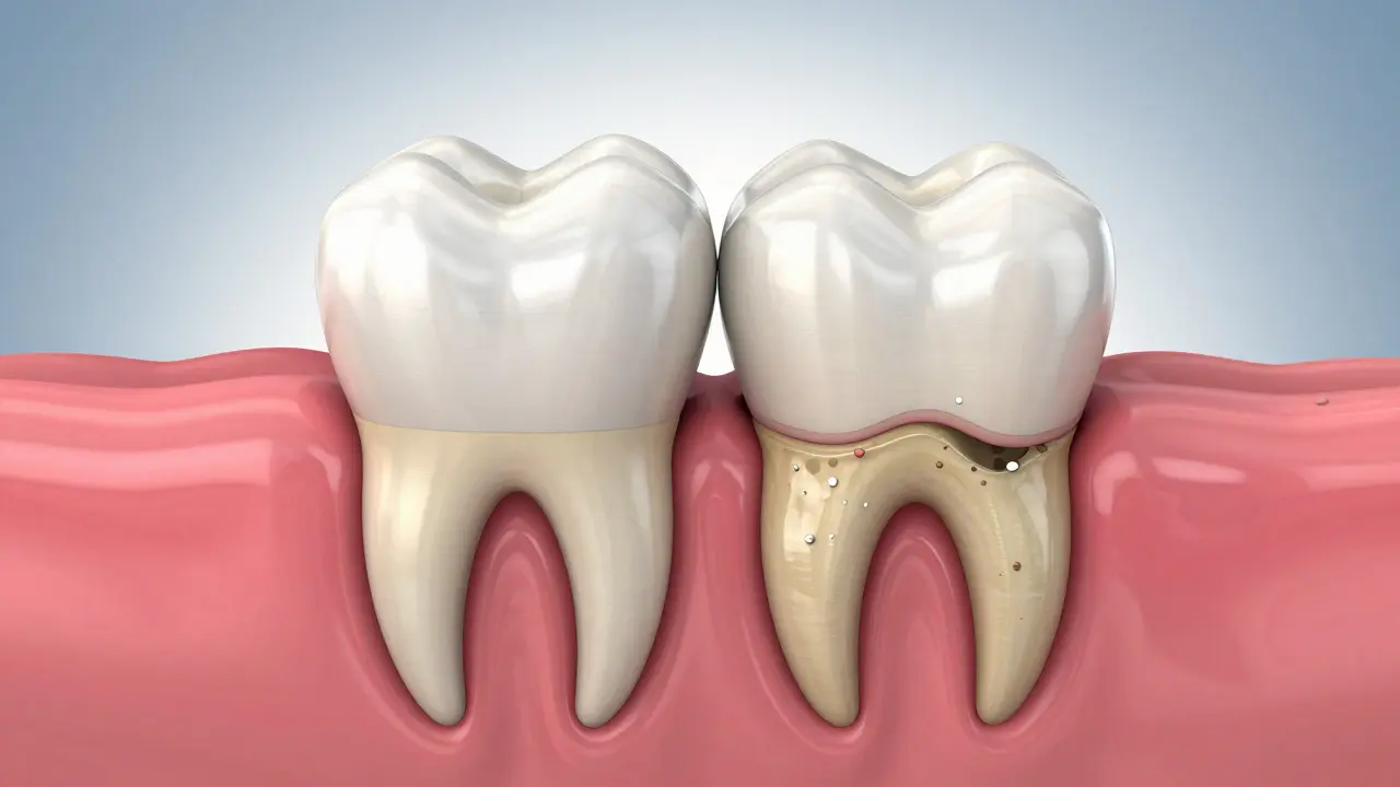 srovnání zdravých dásní a pokročilé periodontitidy v anatomickém řezu.