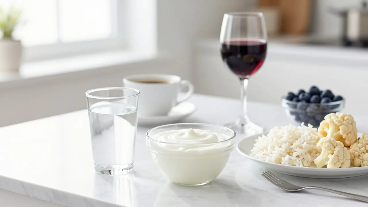 Stůl s potravinami pro bílou dietu, jako je bílý jogurt a rýže, vedle tmavé kávy.