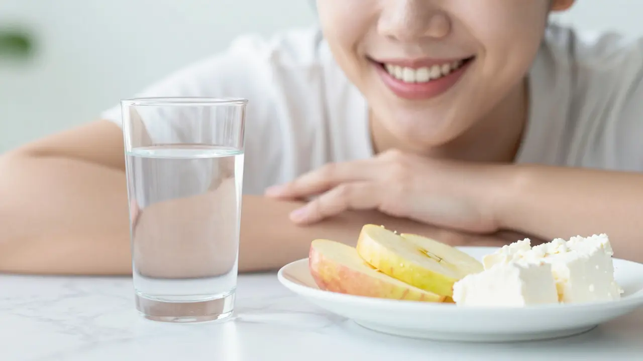 Úsměv s bílými zuby vedle potravin pro bílou dietu