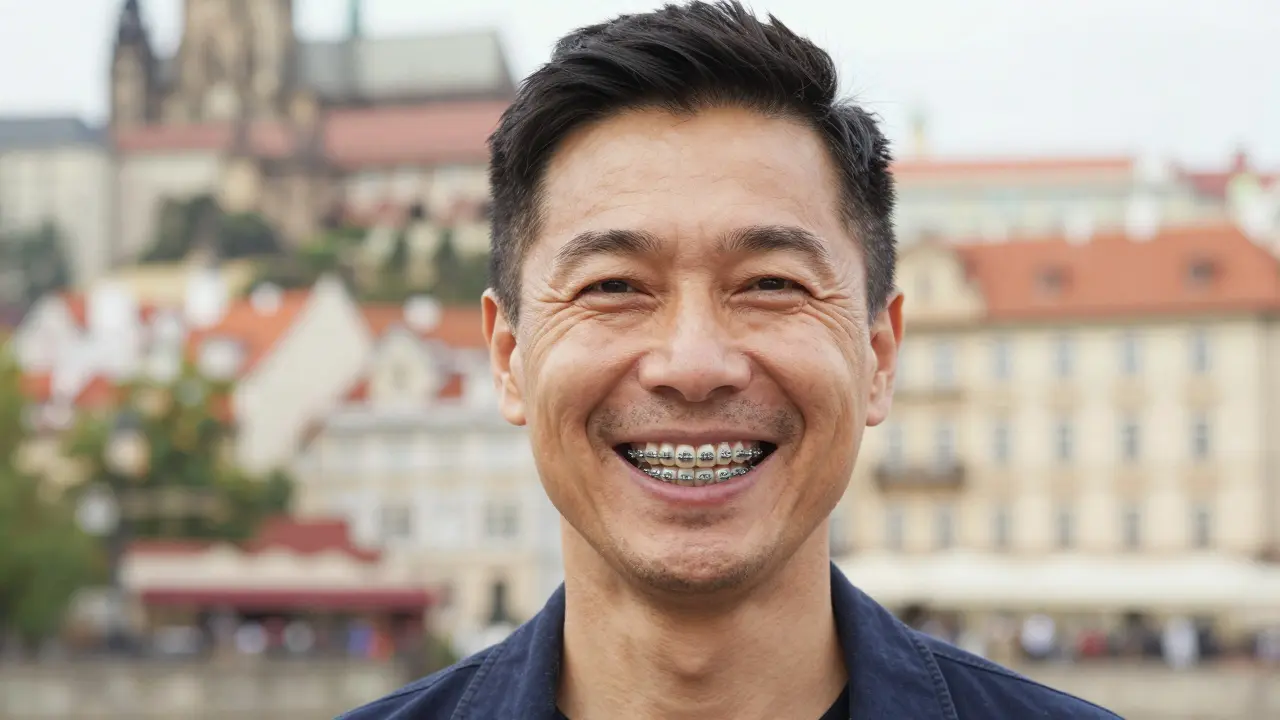 UsměvWhoever dospělého člověka s diskrétními keramickými závazky.