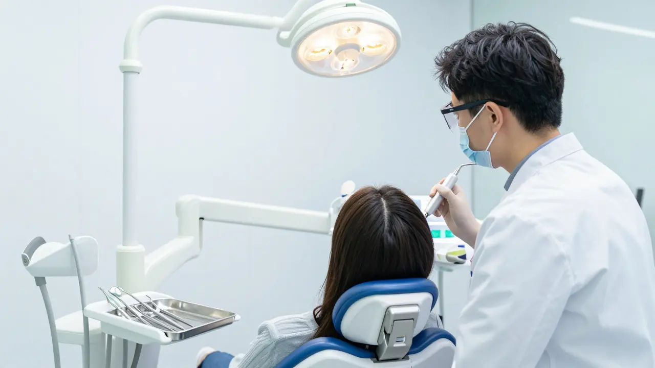 Zubař provádí profesionální ultrazvukové čištění zubů