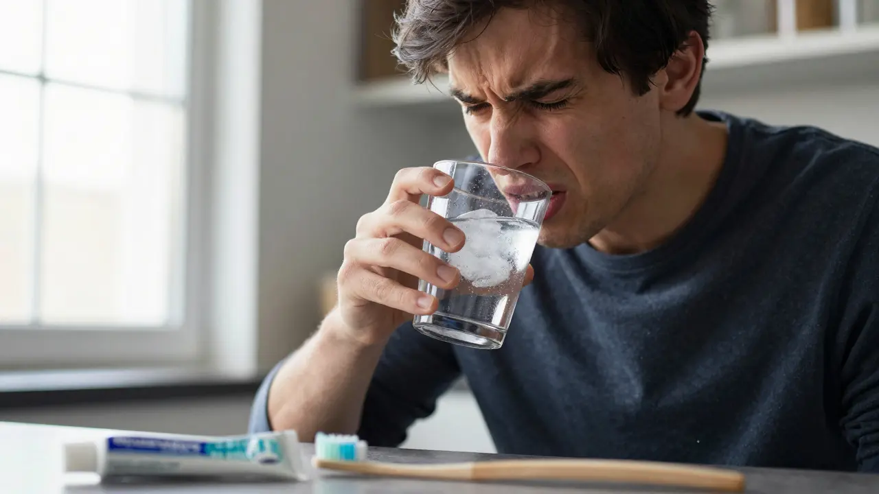 Člověk v bolesti při pití studené vody
