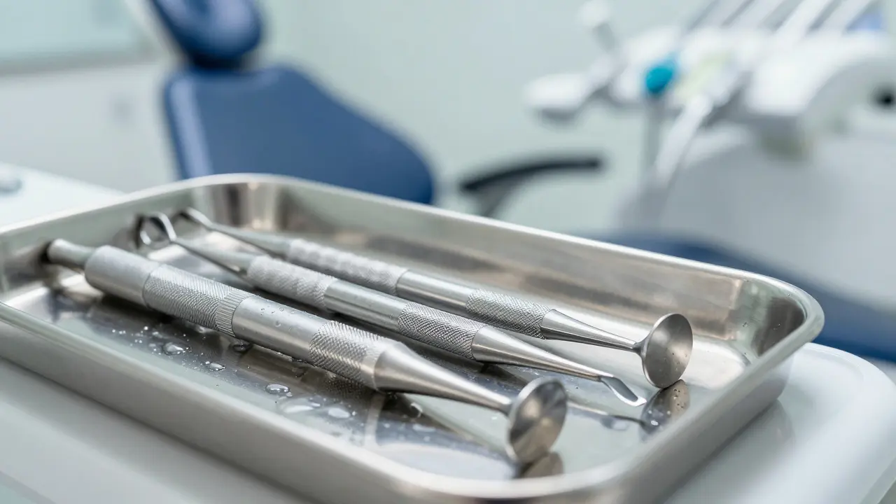 Dentální nástroje: manuální curety a ultrazvuková špička na sterilním podnose