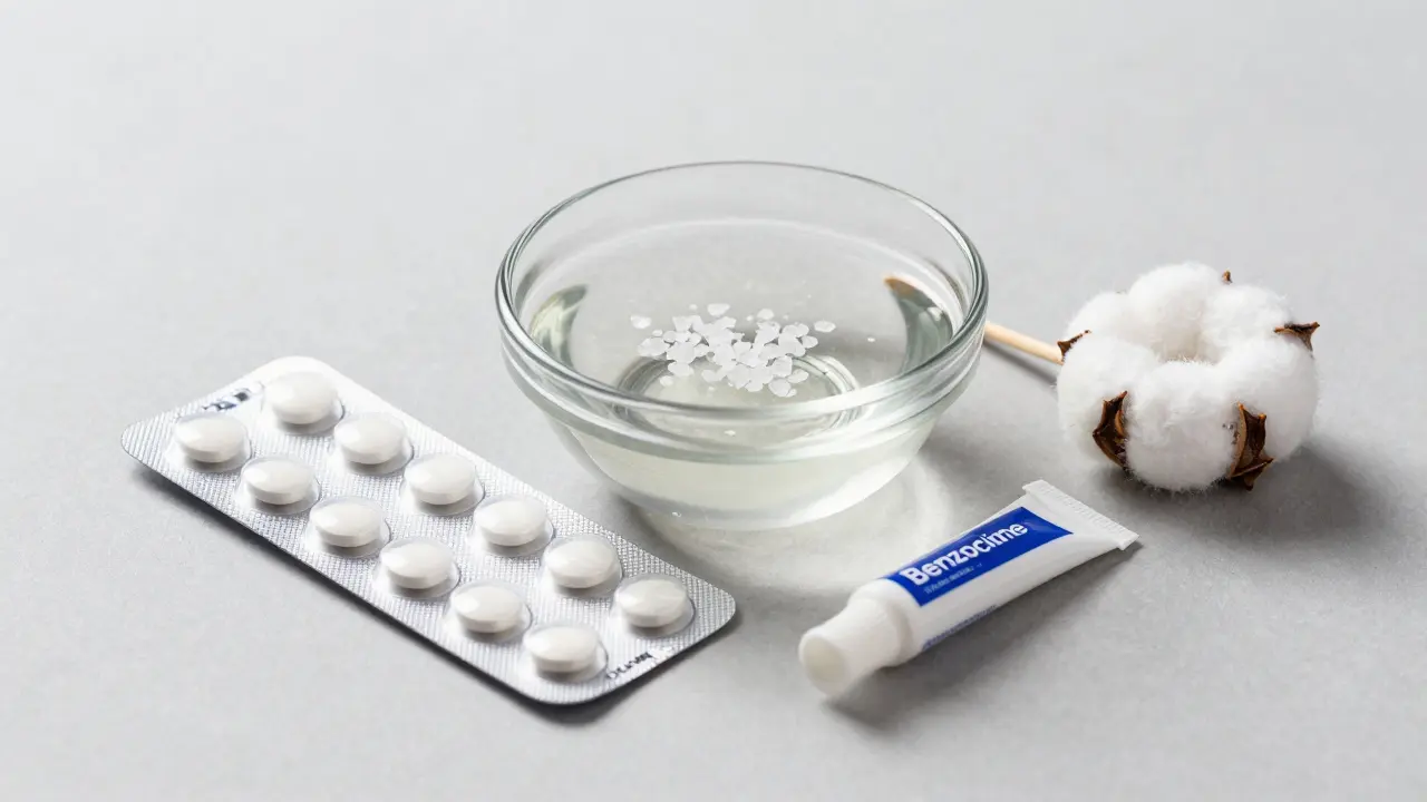 Domácí léky na zub: sůl, ibuprofen, gel a hřebíček na neutrálním pozadí.