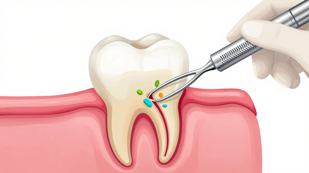 Ilustrace čištění kořenových kanálků zubu při ošetření endodoncií.