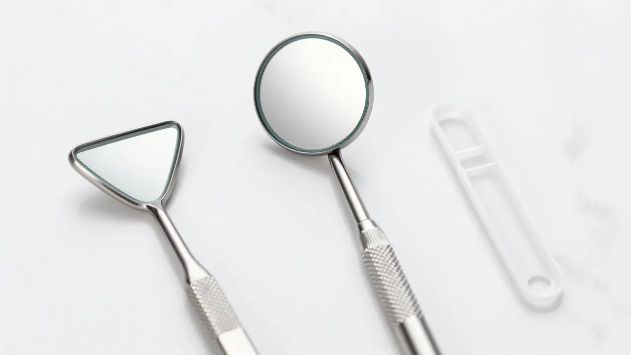 Srovnání typů dentálních zrcátek na bílém povrchu