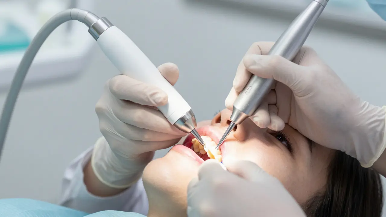 Stomatolog provádí kyretáž pomocí ultrazvukového škrabky na zubu