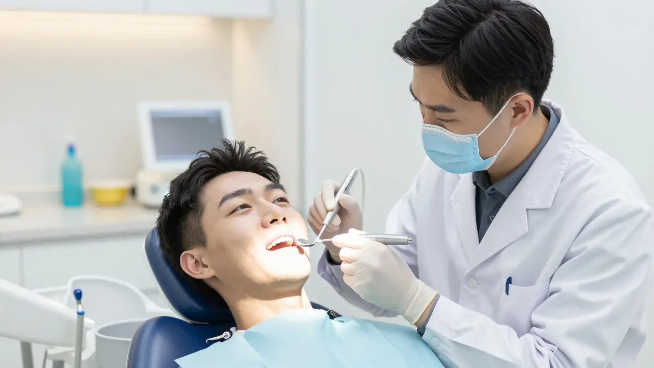 Stomatolog vyšetřuje pacienta v moderní klinice pro úlevu od bolesti