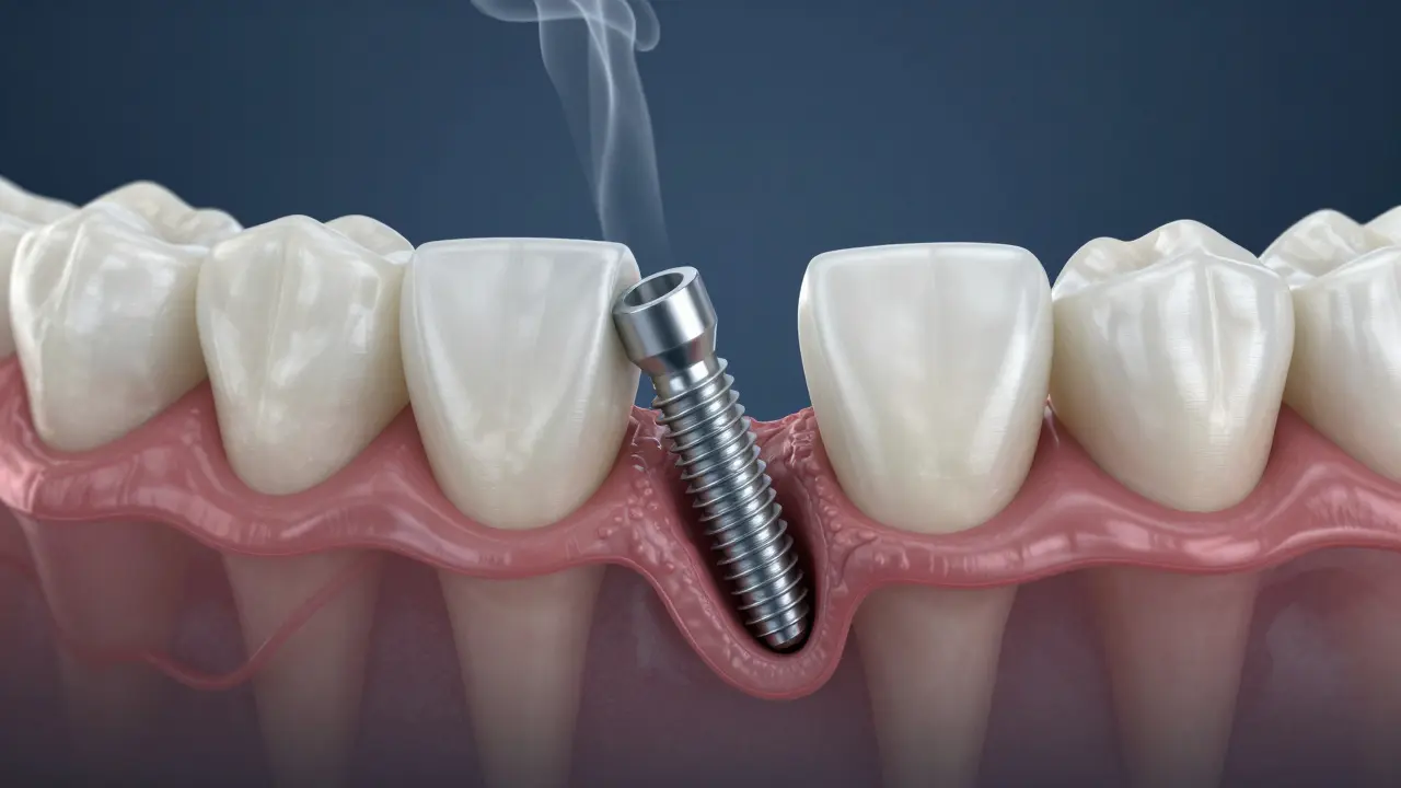 Vizualizace selhání dentálního implantátu kvůli špatnému hojení u kuřáků.