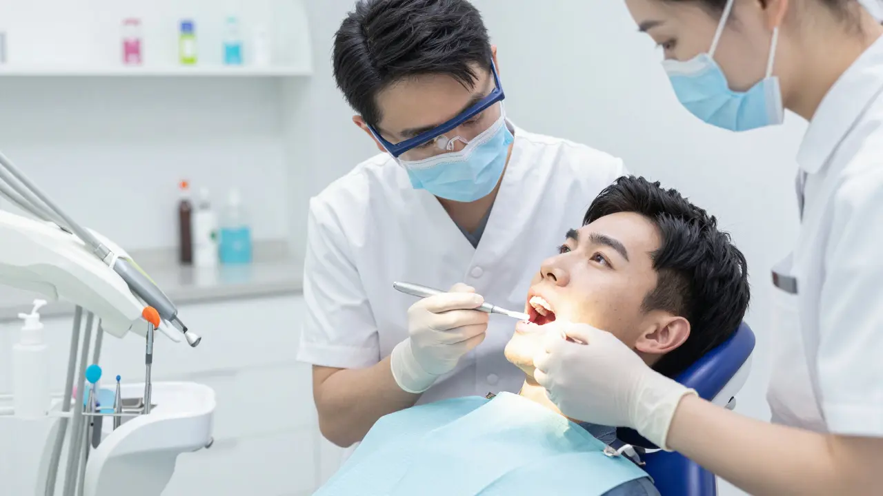 Zubař aplikuje fluoridový gel na zuby