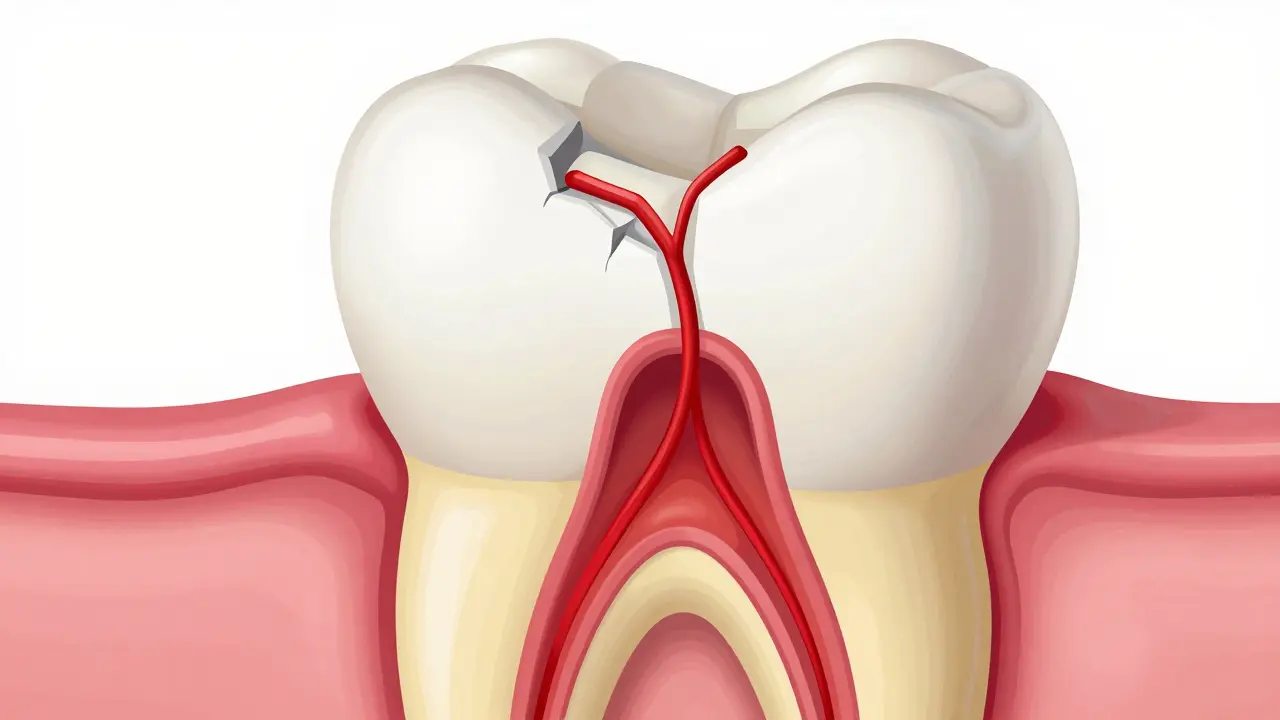 Anatomický průřez zlomeného zubu s odhaleným nervem