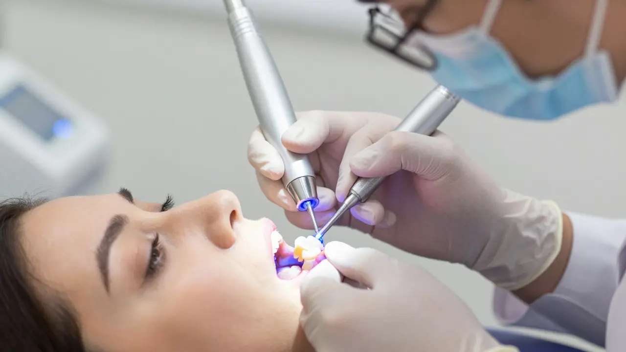 Dentista aplikuje kompozitní materiál na zub