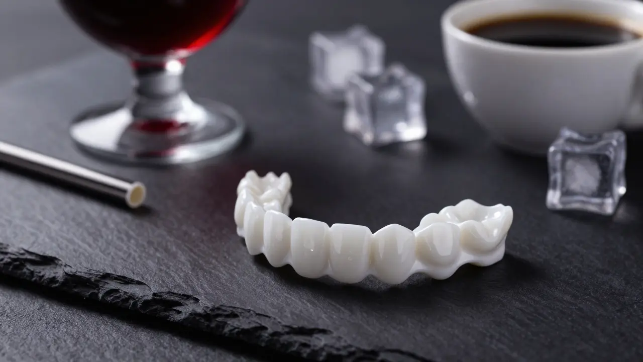 Porcelánové zubní fazety vedle sklenice vína a kávy s varováním před barvivy