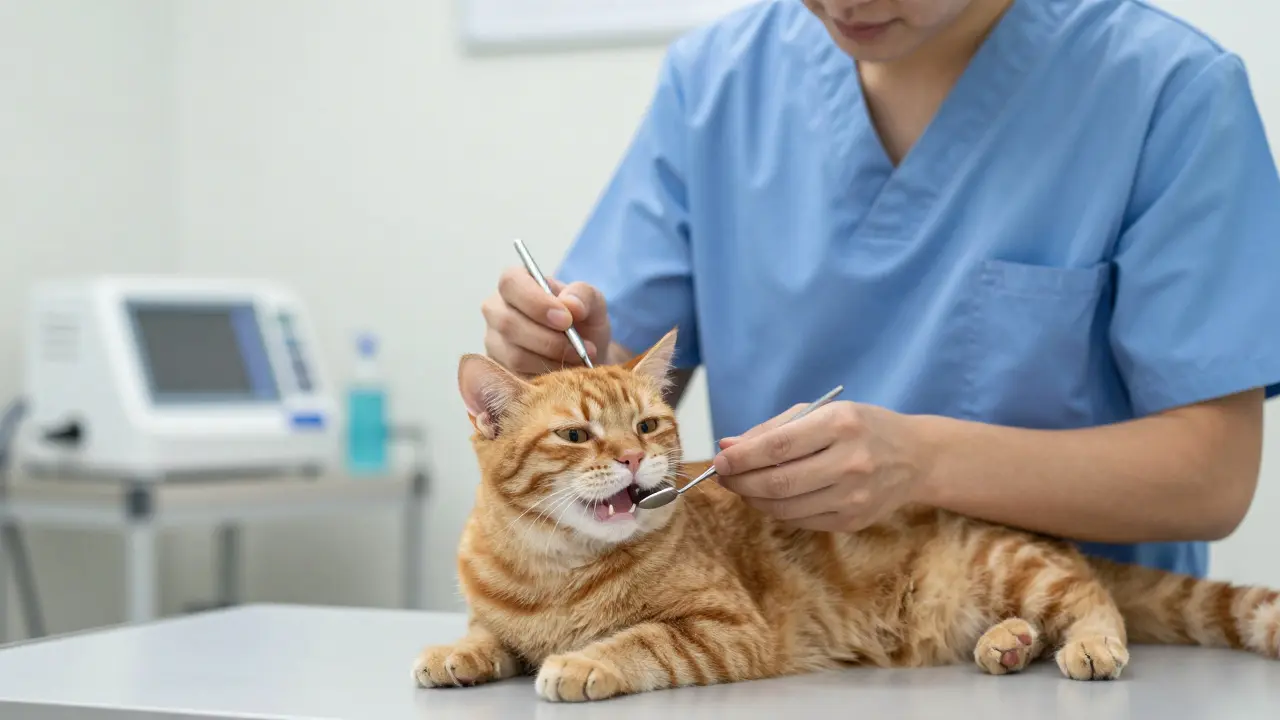 Veterinář vyšetřuje zuby kočky v klinice