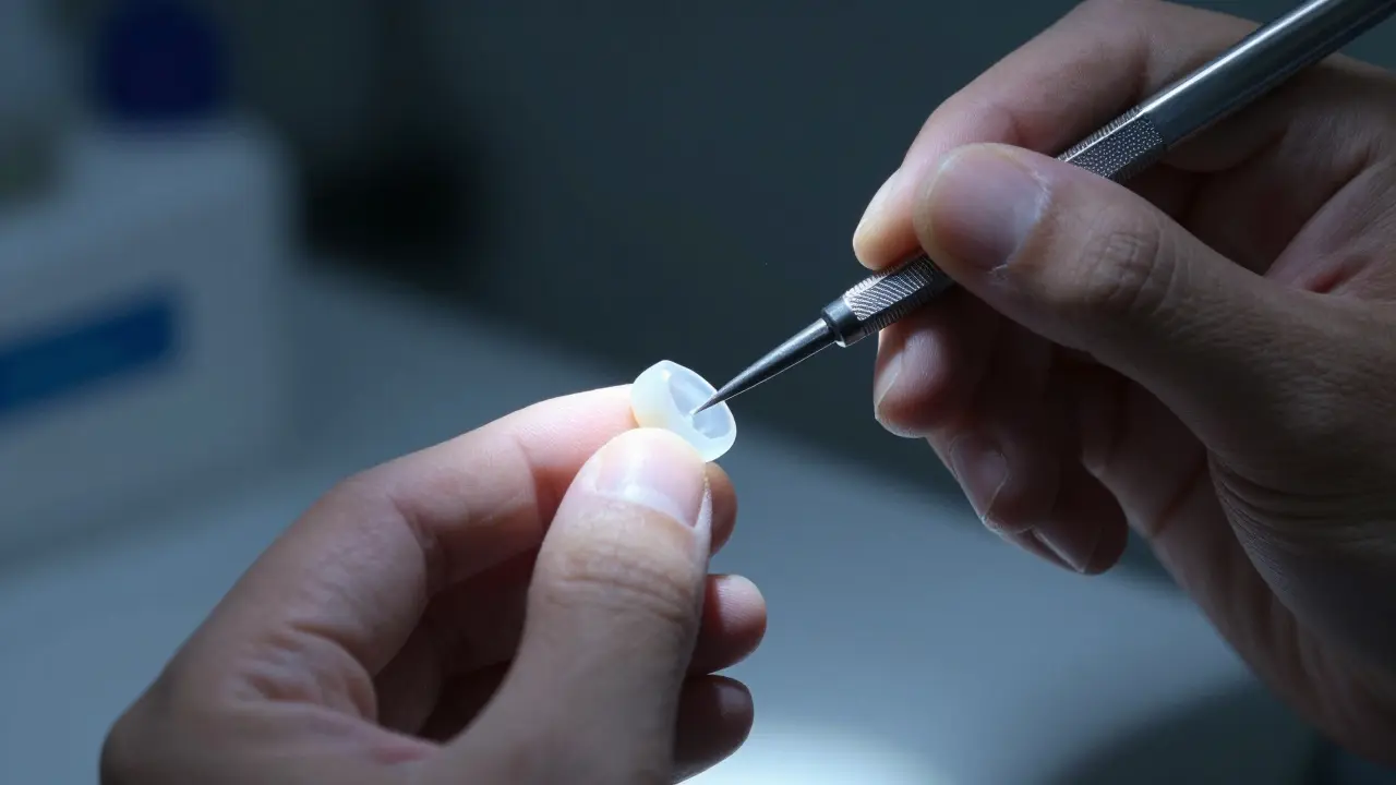 Zubní technik ručně vyrábí keramickou fazetu v laboratoři