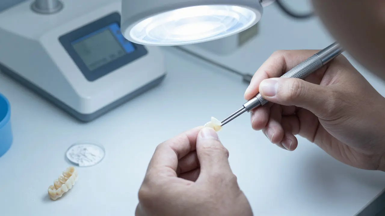 Zubní technik tvoří keramickou fazetu v laboratoři
