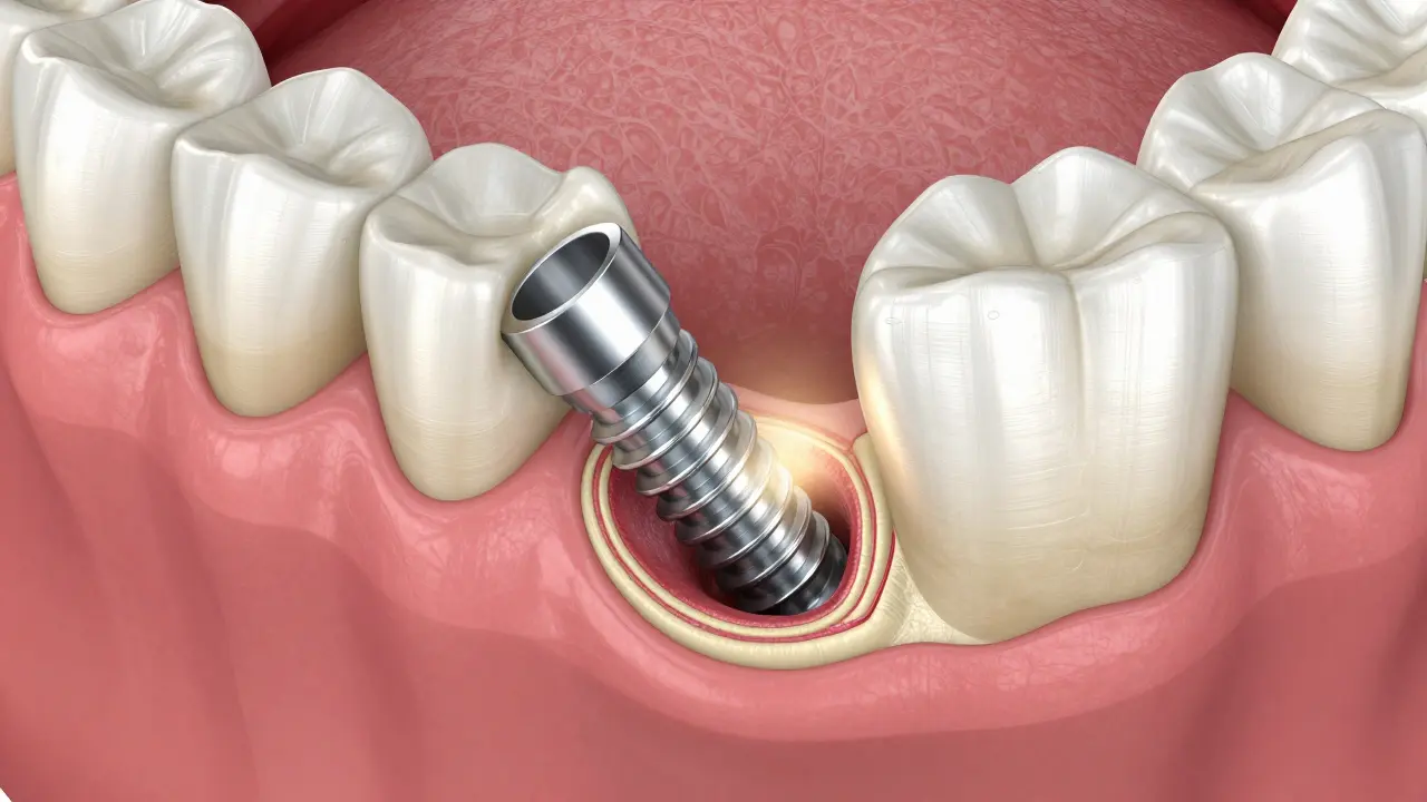 3D ilustrace osazování zubního implantátu do kosti čelisti