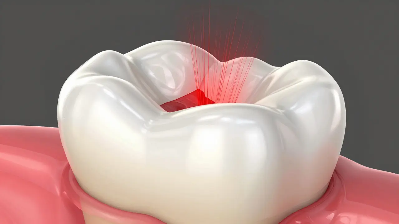 Anatomický průřez zubem ukazující citlivost dentinu a erosi skloviny