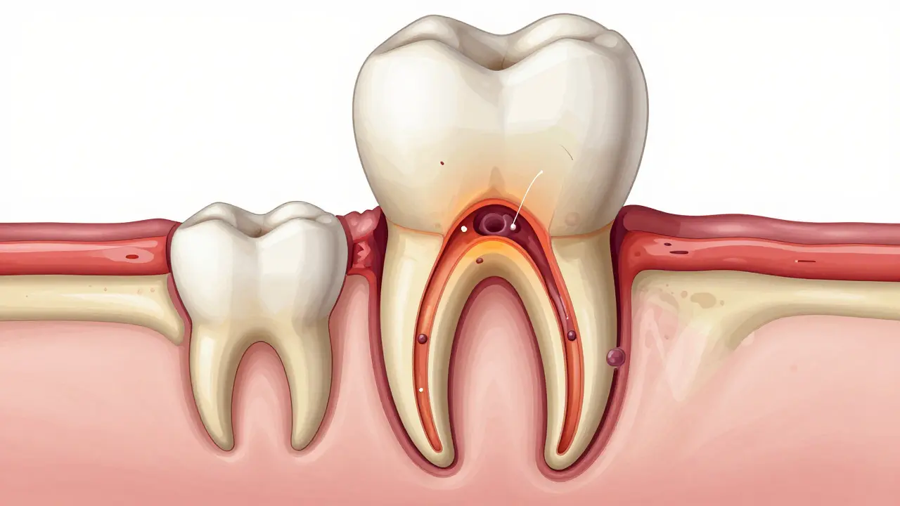 Anatomický řez zobrazující šíření infekce z kořene zubu do kosti
