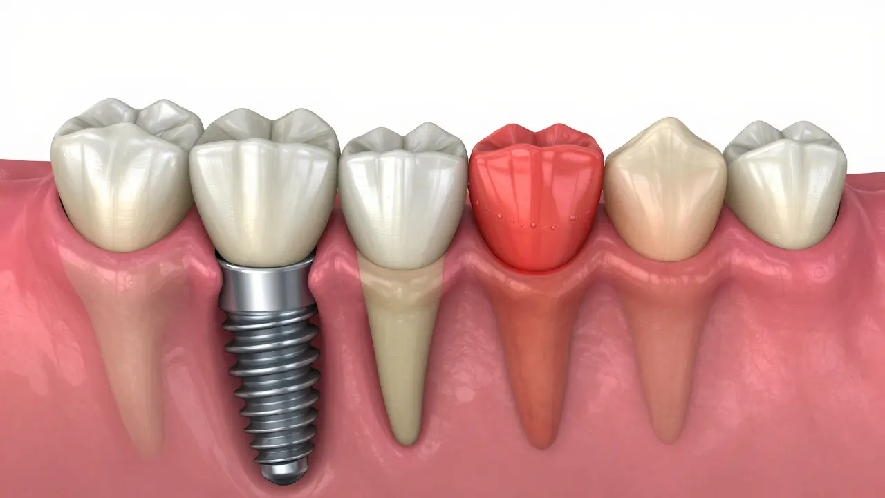 Schéma zdravého implantátu versus zánět tkáně kolem implantátu