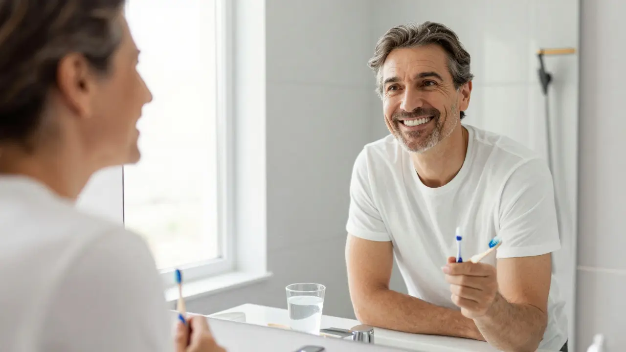 Úsměv pacienta v zrcadle s prostředky pro ústní hygienu