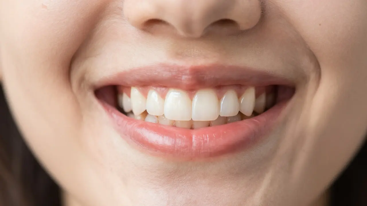 Úsměv s růžovými dásněmi a zuby přirozené, mírně žlutavé barvy