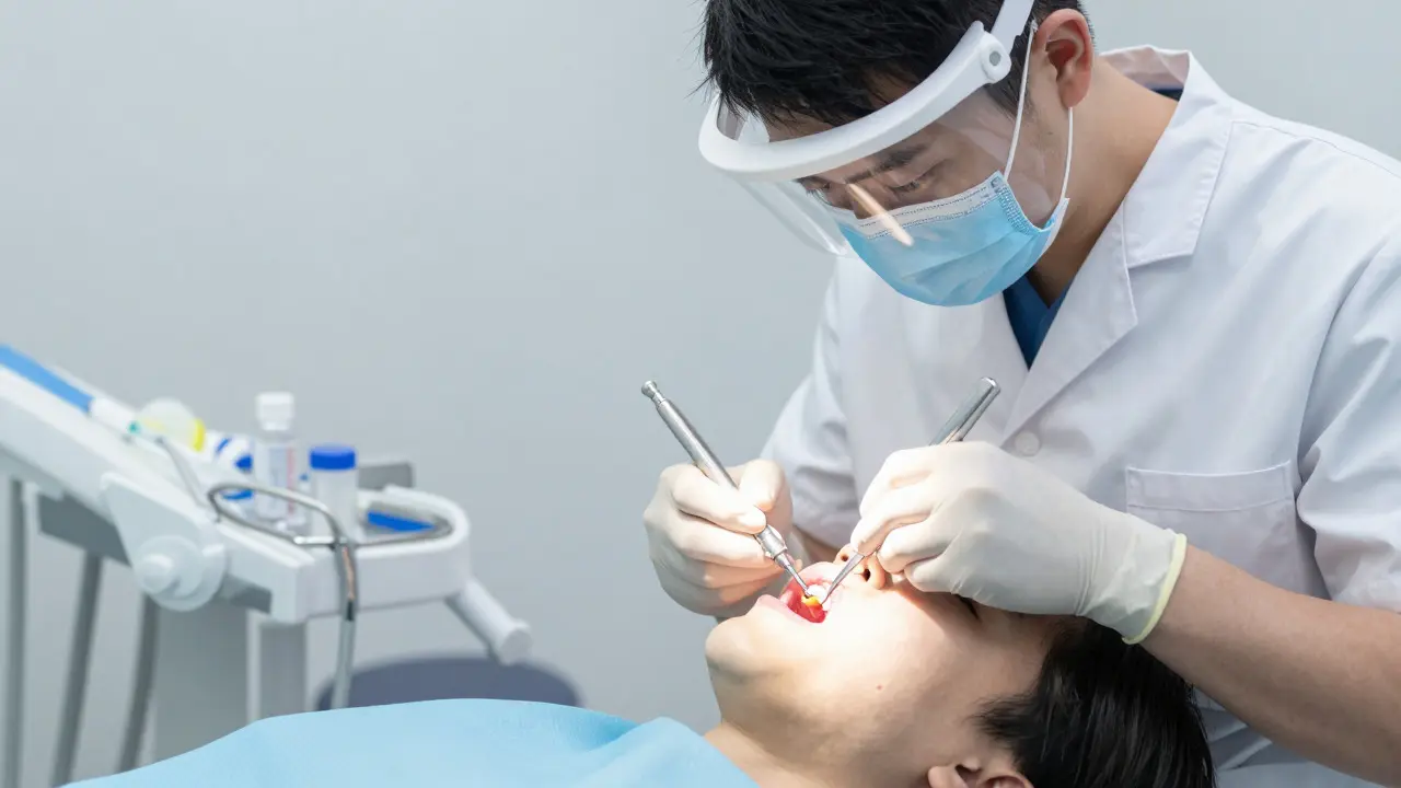 Zubař provádí nouzovou drenáž zubu v klinickém prostředí