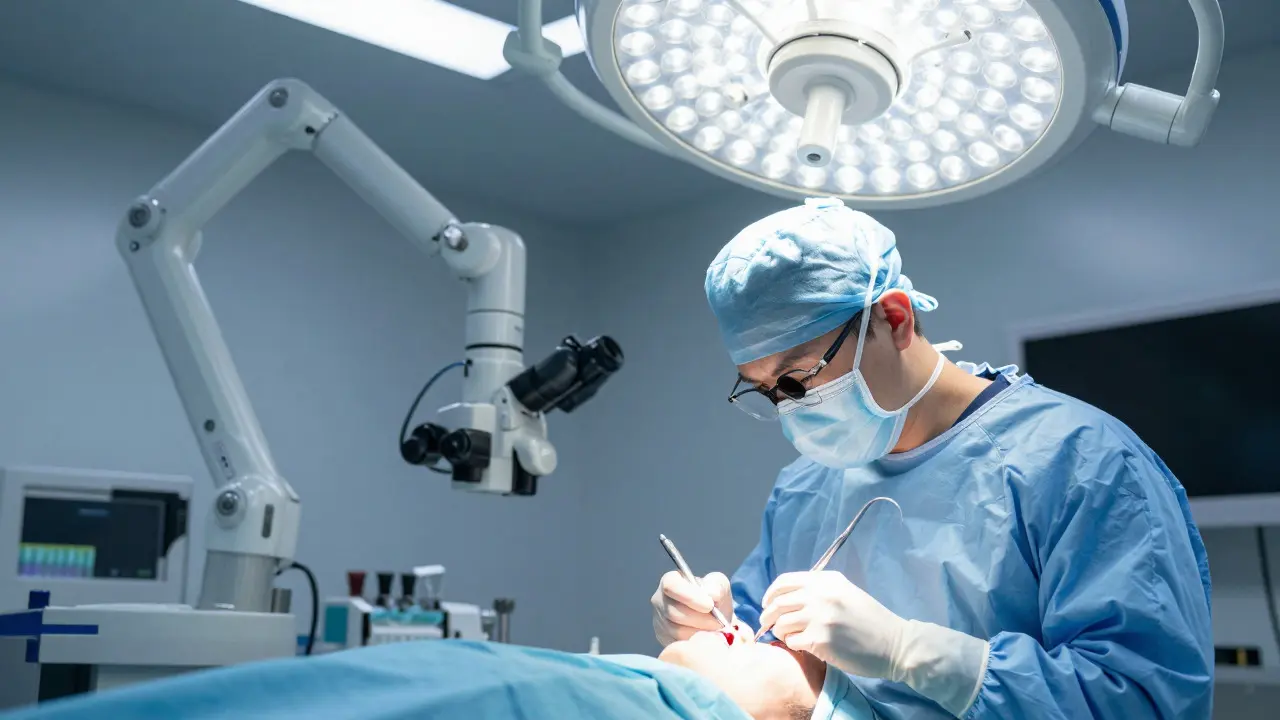 Chirurg provádí precizní operaci obličeje v operačním sále
