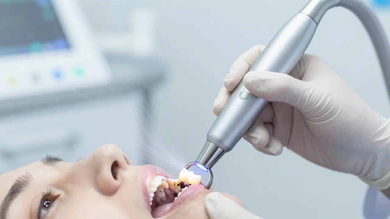 Dentální hygienista odstraňuje kámen pomocí ultrazvukové kurety v ordinaci