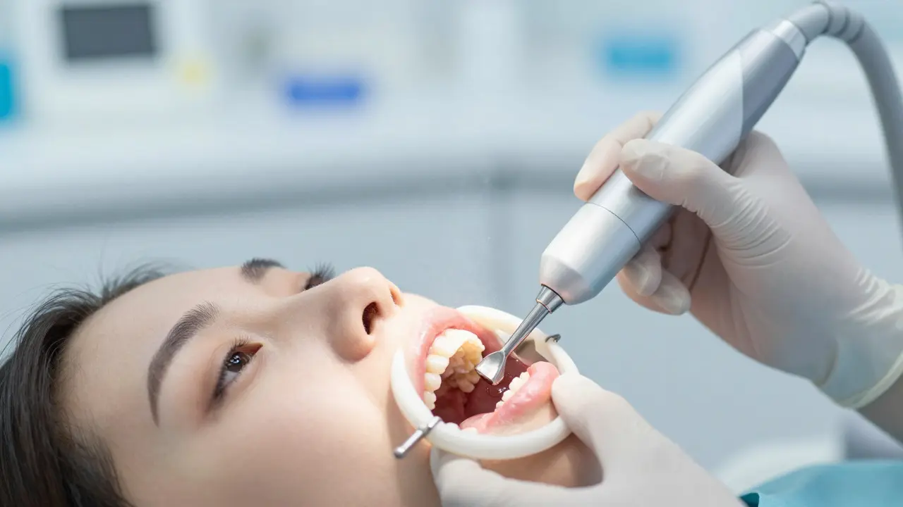 Dentální hygienistka provádí ultrazvukové odstranění zubního kamene u pacienta v ordinaci.