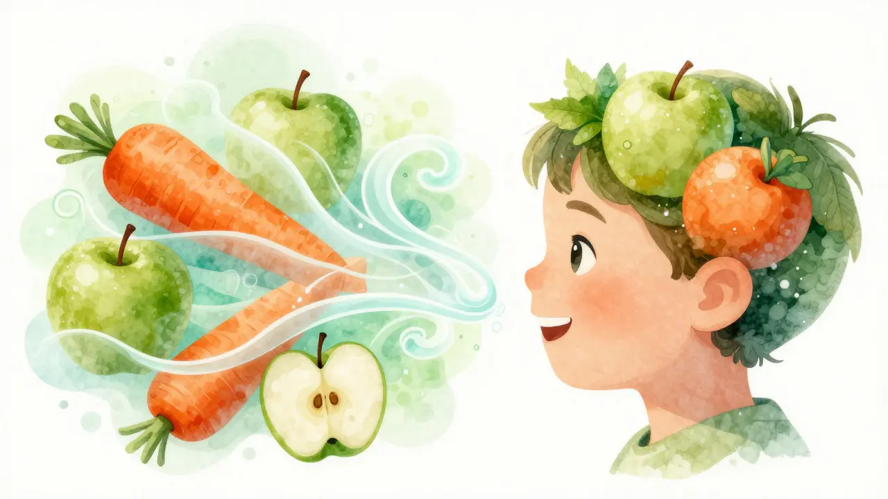 Ilustrace zdravé stravy a prevence zubního kazu u dětí