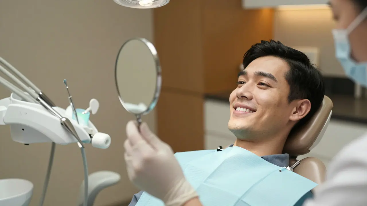 Patient smiling while checking their restored front teeth in a mirror during a dental visit