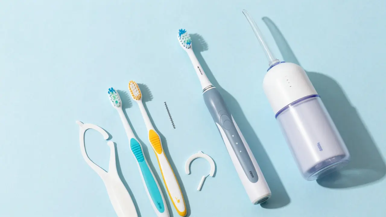 Přehled hygienických potřeb: kartáček, mezizubní kartáčky a irigátor