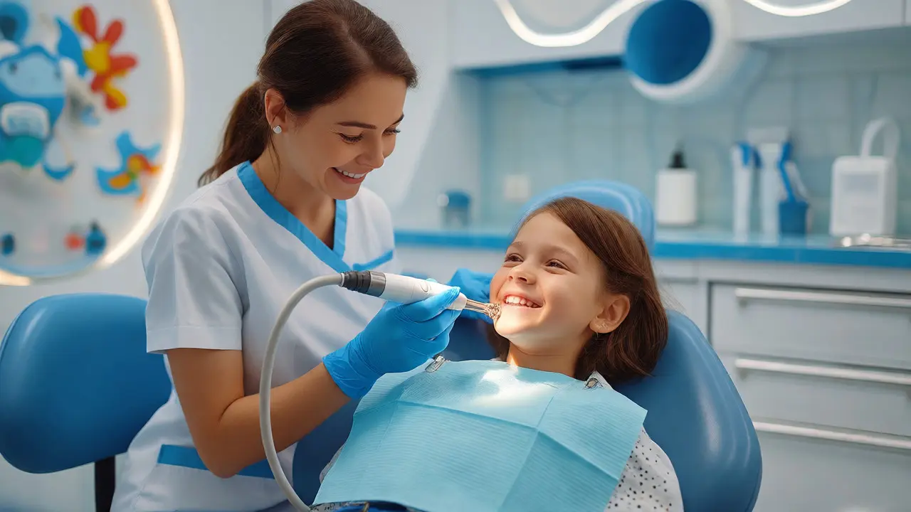 Dentální hygienistka provádí bezbolestné čištění zubů u spokojeného dítěte