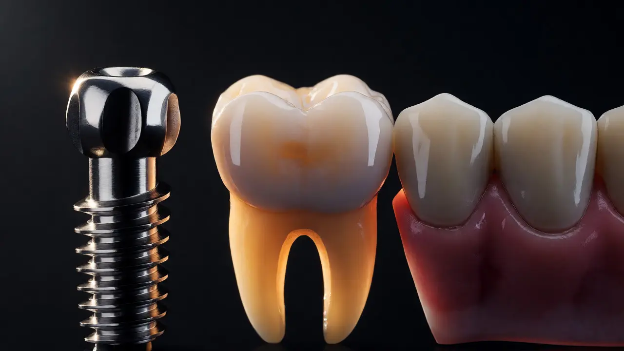 Detailní makro záběr na titanový implantát, keramickou korunku a můstek vedle sebe.