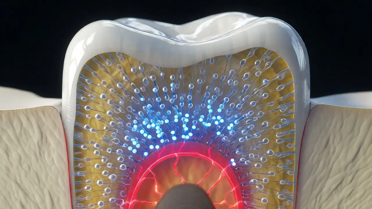 Makro pohled na dentinové tubuly a pohyb tekutin uvnitř zubu.