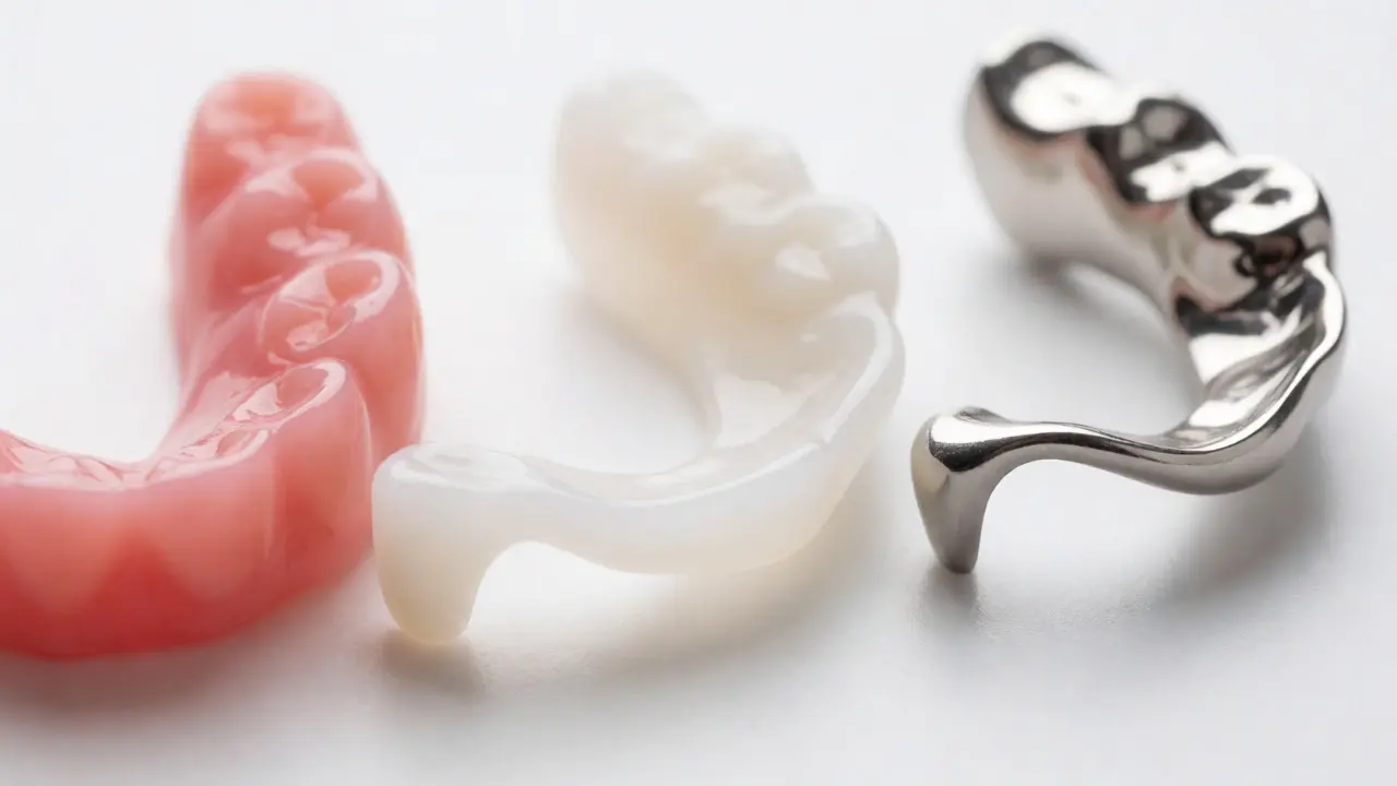 Porovnání materiálů zubních náhrad: akrylát, acetal a kov