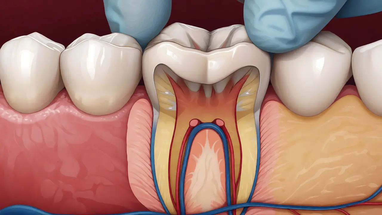 Průřez zubem s kompozitní plombou ošetřující kaz v dentinu před nervem.