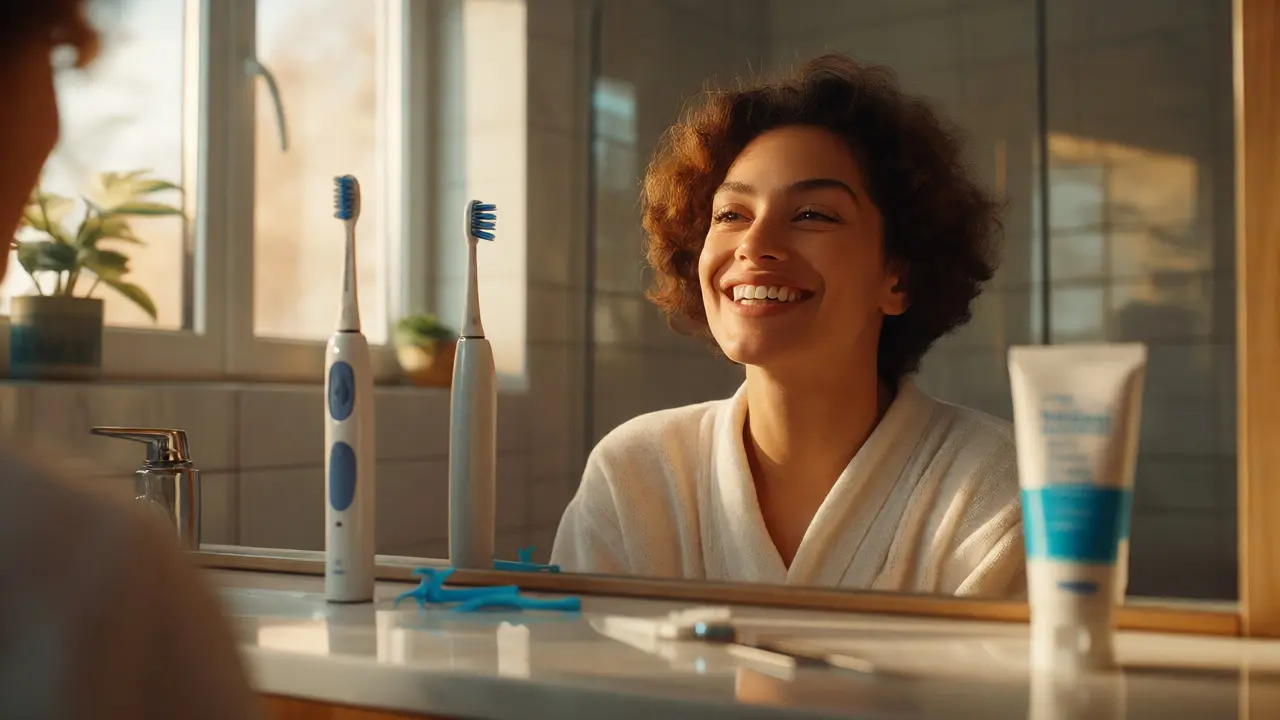 Úsměv se zdravými zuby v koupelně s hygienickými pomůckami pro prevenci.